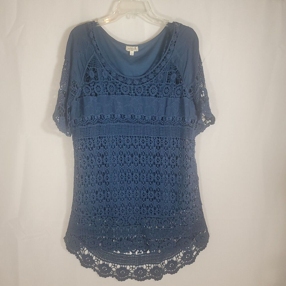 One World Womens Blue Crochet Knit Top Blouse Off  Sleeve Scalloped Hi-low Hem L